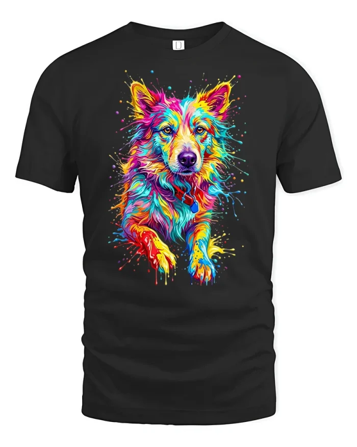 Colorful Neon Splash Dog Art Graphic T-Shirt - black t-shirt on white background