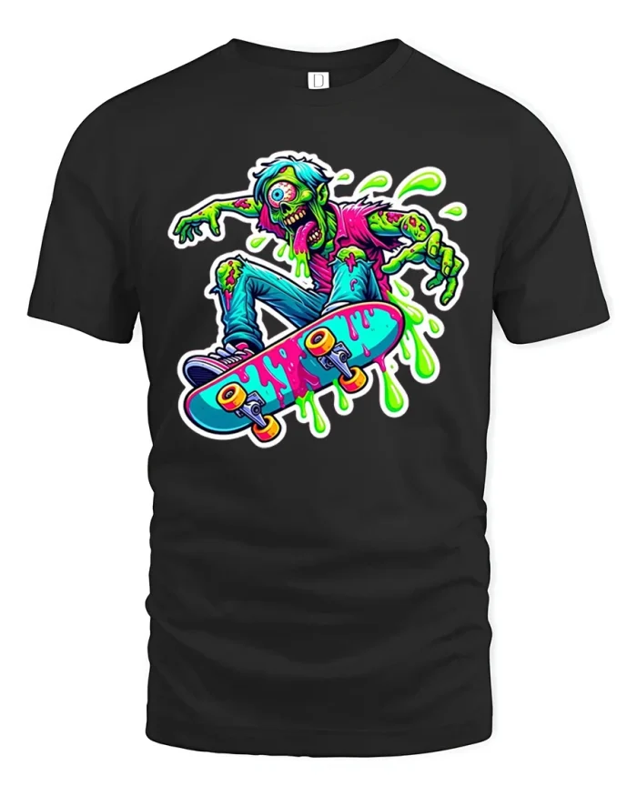 Crazy Zombie Skater Slime Art Graphic T-Shirt - black t-shirt on white background