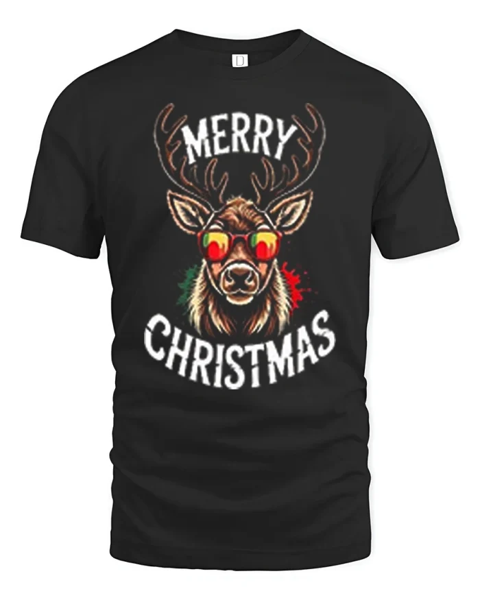 Merry Christmas Cool Reindeer Sunglasses Graphic T-Shirt - black t-shirt on white background