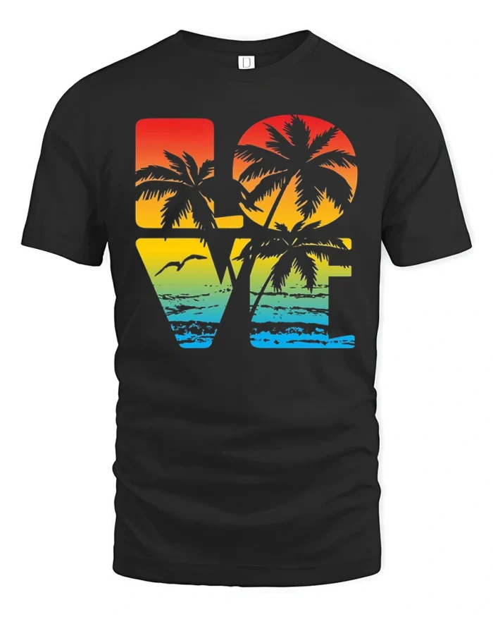 Love Tropical Palm Tree Sunset Beach Vacation T-Shirt - black t-shirt on white background
