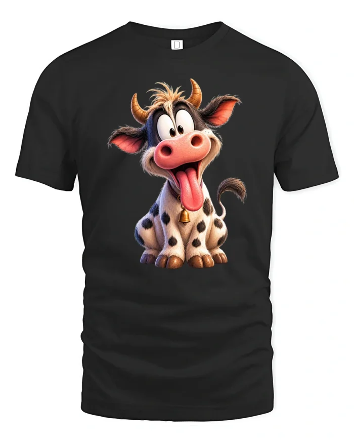 Cute Funny Silly Cow With Tongue Out Cartoon T-Shirt - black t-shirt on white background