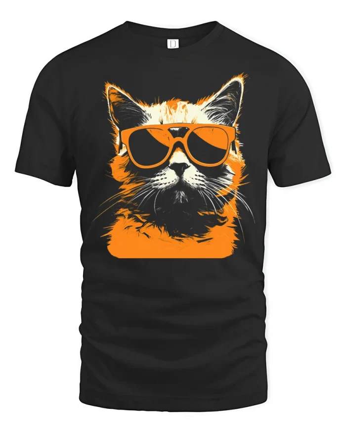 Cool Cat Wearing Orange Sunglasses Graphic T-Shirt - black t-shirt on white background