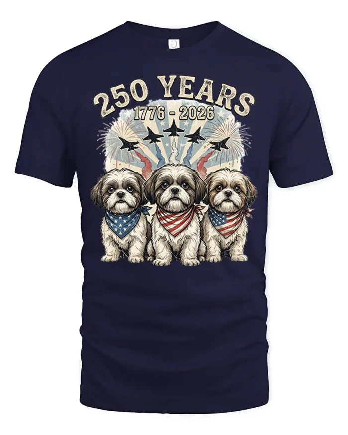 250 Years 1776 to 2026 Shih Tzu American Flag T-Shirt - navy t-shirt on white background