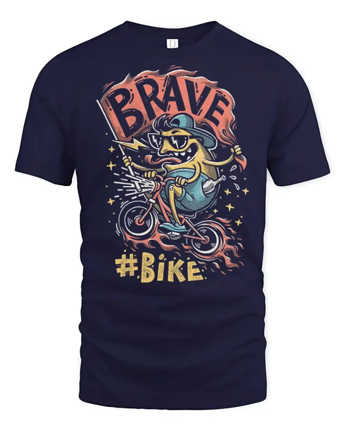 Brave Bike Funny Cartoon Character Cycling Graphic T-Shirt - navy t-shirt on white background