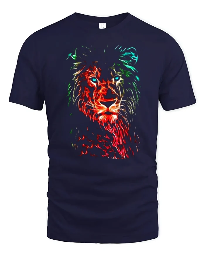 Glowing Neon Fire Lion Head Graphic T-Shirt - navy t-shirt on white background
