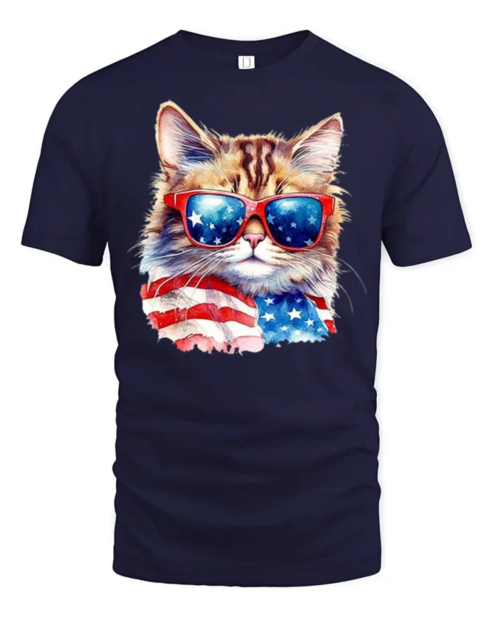 Patriotic American Flag Cat Sunglasses Graphic T-Shirt - navy t-shirt on white background