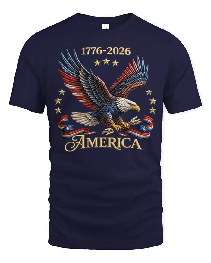 1776 To 2026 America Eagle Patriotic T-Shirt - navy t-shirt on white background