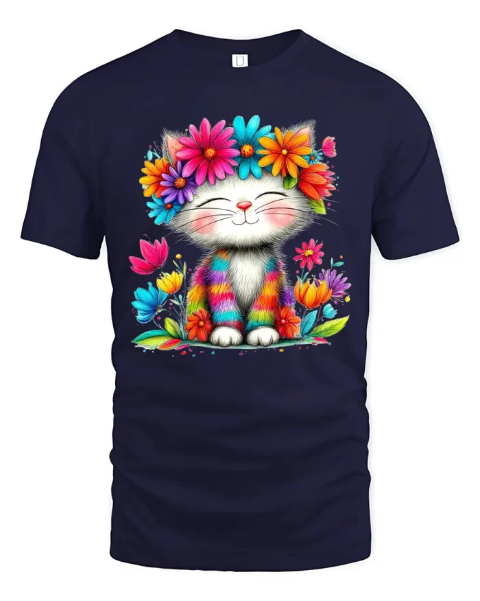 Cute Floral Crown Cat Watercolor Art Graphic T-Shirt - navy t-shirt on white background