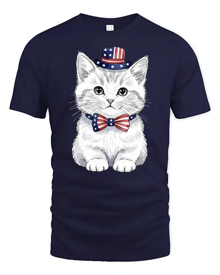 Patriotic American Flag Cat Top Hat Bow Tie T-Shirt - navy t-shirt on white background