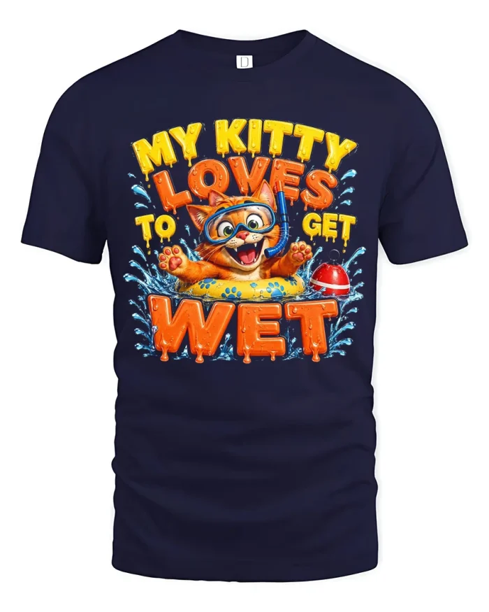 My Kitty Loves To Get Wet Funny Cat Swimming T-Shirt - navy t-shirt on white background