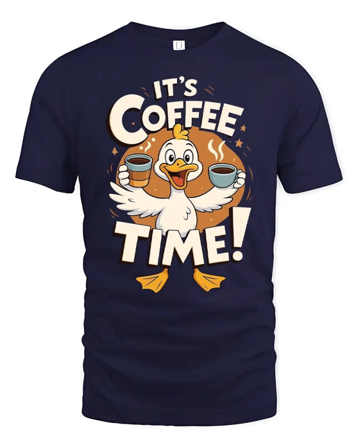 Its Coffee Time Funny Duck Holding Coffee Mugs T-Shirt - navy t-shirt on white background
