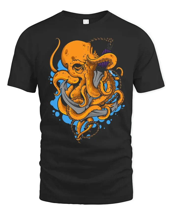 Kraken Octopus Anchor Nautical Tattoo Graphic Cotton Tee - black t-shirt on white background