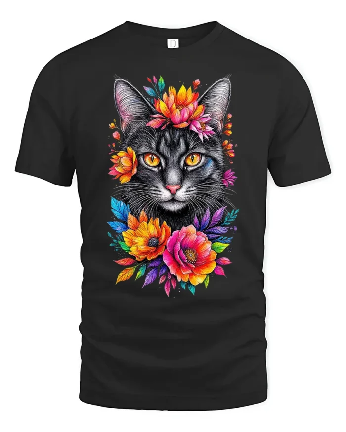 Cute Floral Black Cat Colorful Blooms Soft Cotton T Shirt - black t-shirt on white background