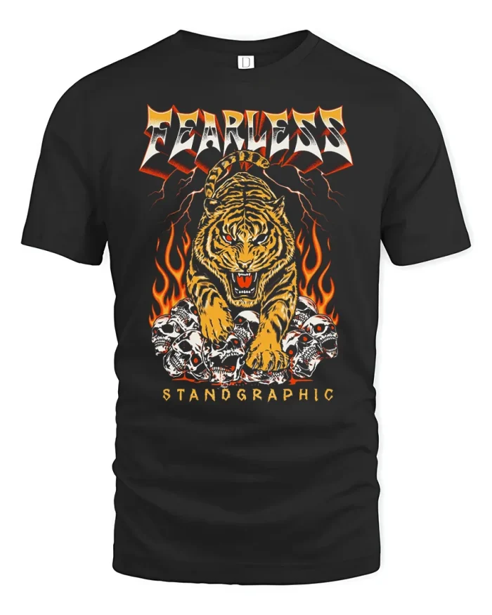 Fearless Tiger Flames Skulls Metal Graphic Soft Cotton Tee - black t-shirt on white background