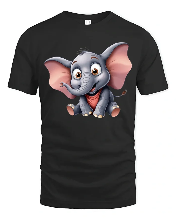 Cute Cartoon Baby Elephant Big Ears Graphic Soft Cotton Tee - black t-shirt on white background