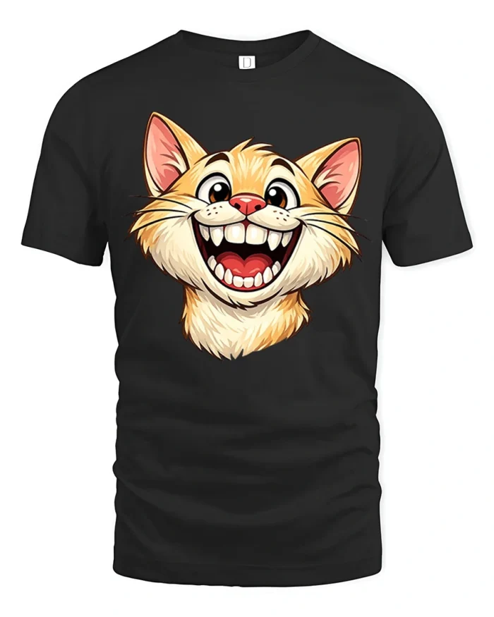 Funny Smiling Grinning Orange Cat Face Soft Cotton T Shirt - black t-shirt on white background