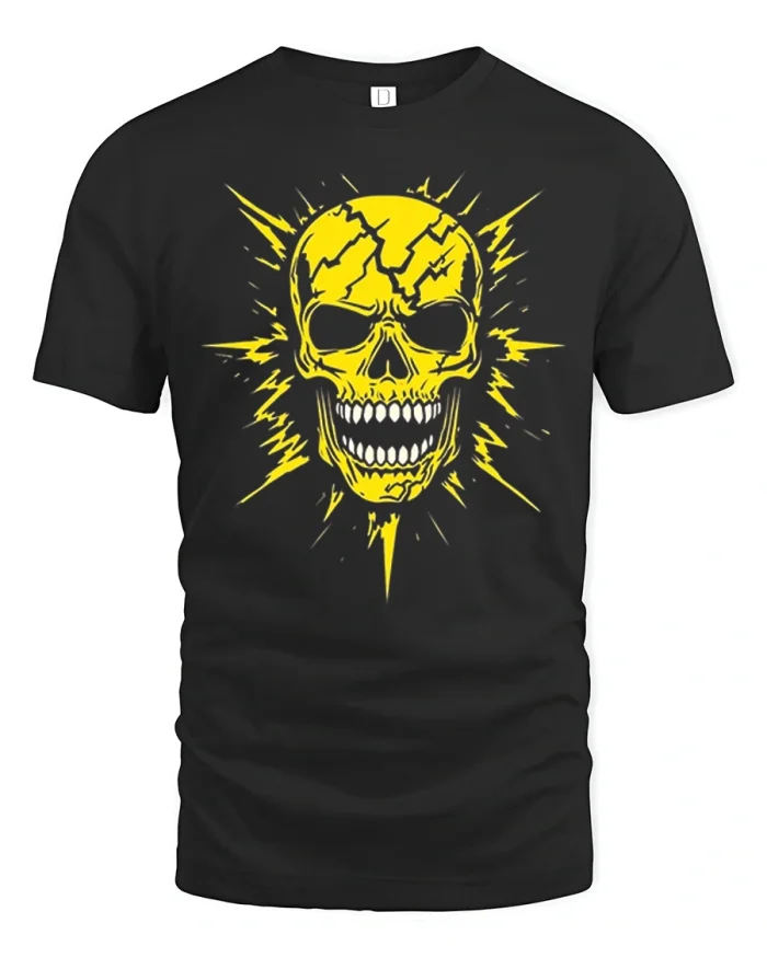 Yellow Skull Burst Lightning Grunge Graphic Cotton Tshirt - black t-shirt on white background