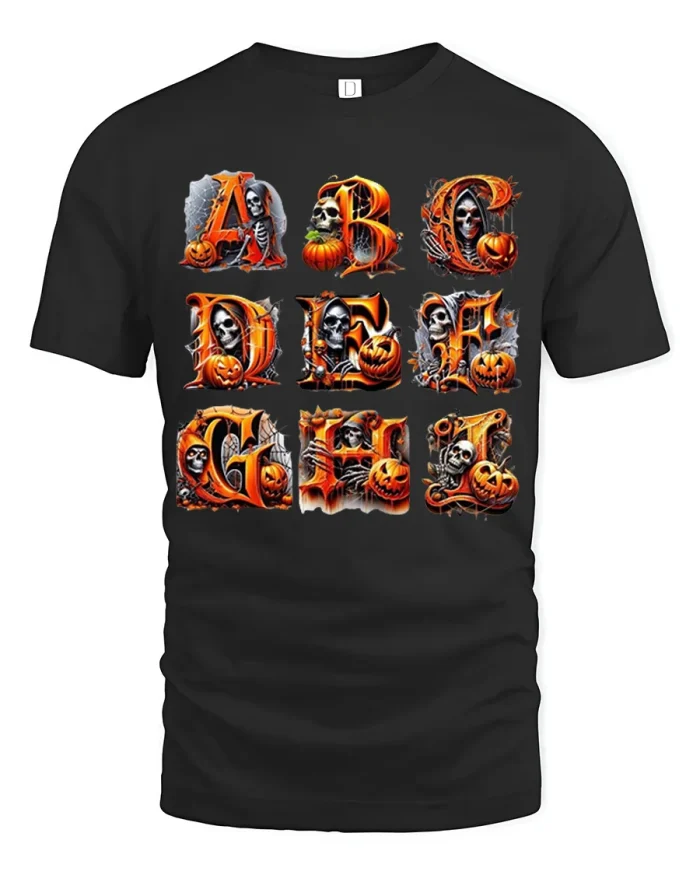 Spooky Halloween Alphabet Skull Pumpkin Soft Cotton Tee - black t-shirt on white background