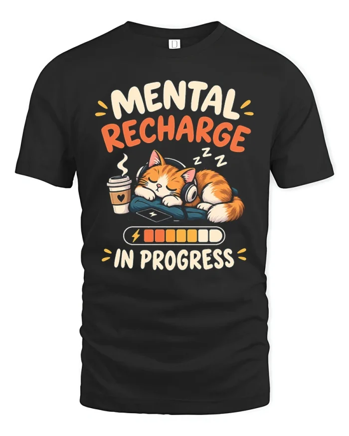 Funny Mental Recharge Sleeping Cat Graphic Soft Cotton Tee - black t-shirt on white background
