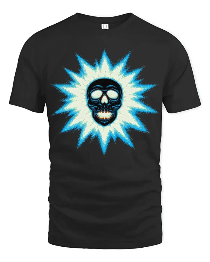 Glow Skull Blue Starburst Graphic Soft Cotton T Shirt - black t-shirt on white background