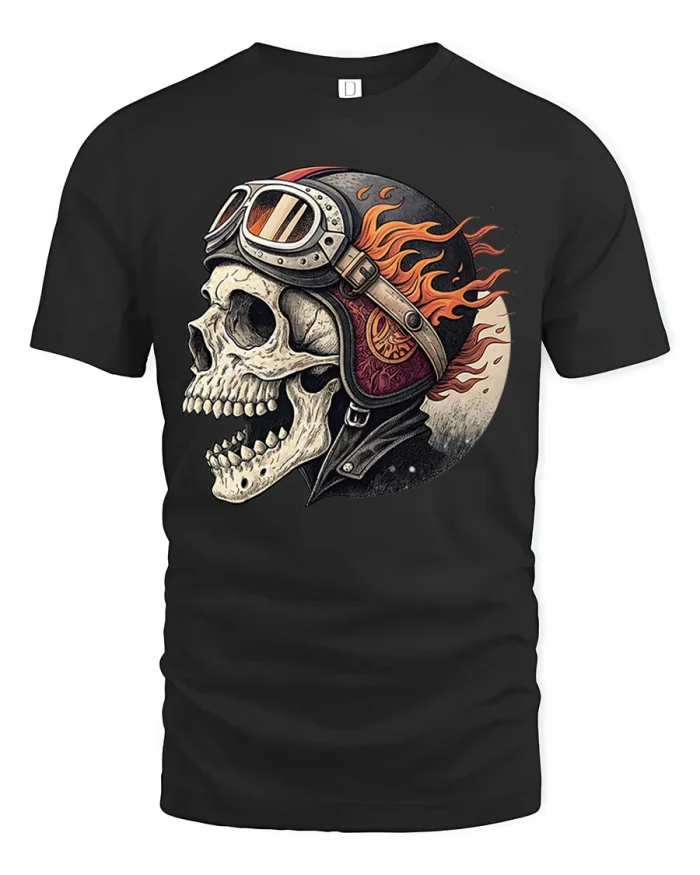 Biker Skull Motorcycle Helmet Graphic Soft Cotton T Shirt - black t-shirt on white background