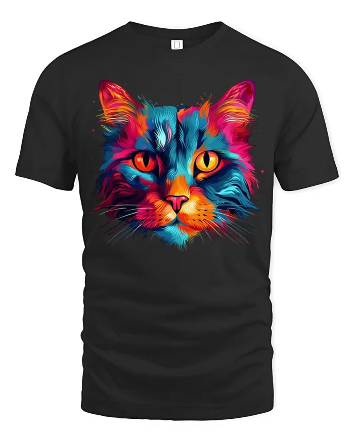 Colorful Cat Head Neon Watercolor Graphic Soft Cotton Tee - black t-shirt on white background