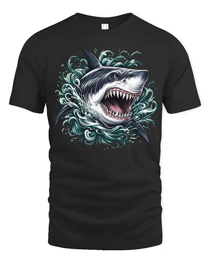 Great White Shark Ocean Waves Graphic Soft Cotton T Shirt - black t-shirt on white background