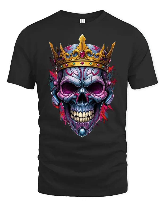 Crowned Skull King Cyberpunk Graphic Soft Cotton T Shirt - black t-shirt on white background