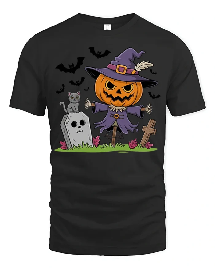 Cute Spooky Halloween Pumpkin Scarecrow Soft Cotton T Shirt - black t-shirt on white background