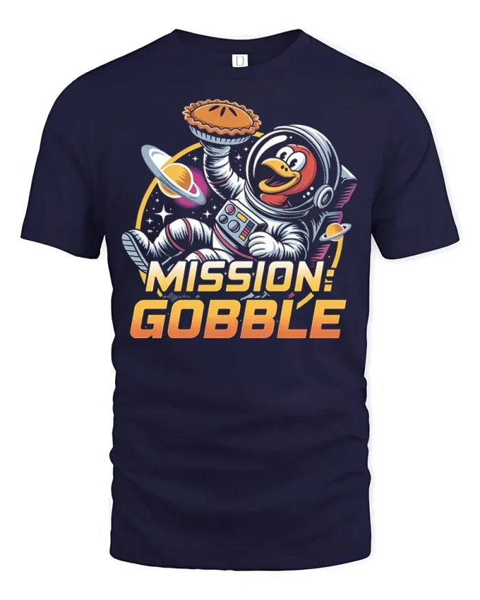 Mission Gobble Astronaut Turkey Pie Thanksgiving Cotton Tee - navy t-shirt on white background