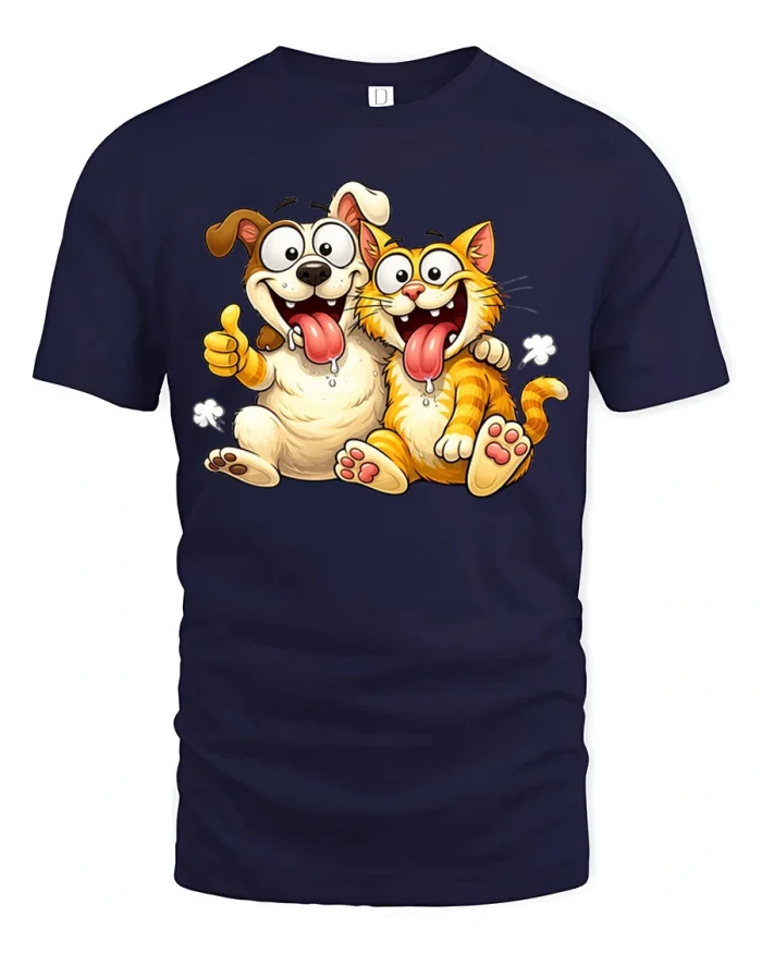 Funny Cartoon Dog And Cat Best Friends Soft Cotton T Shirt - navy t-shirt on white background