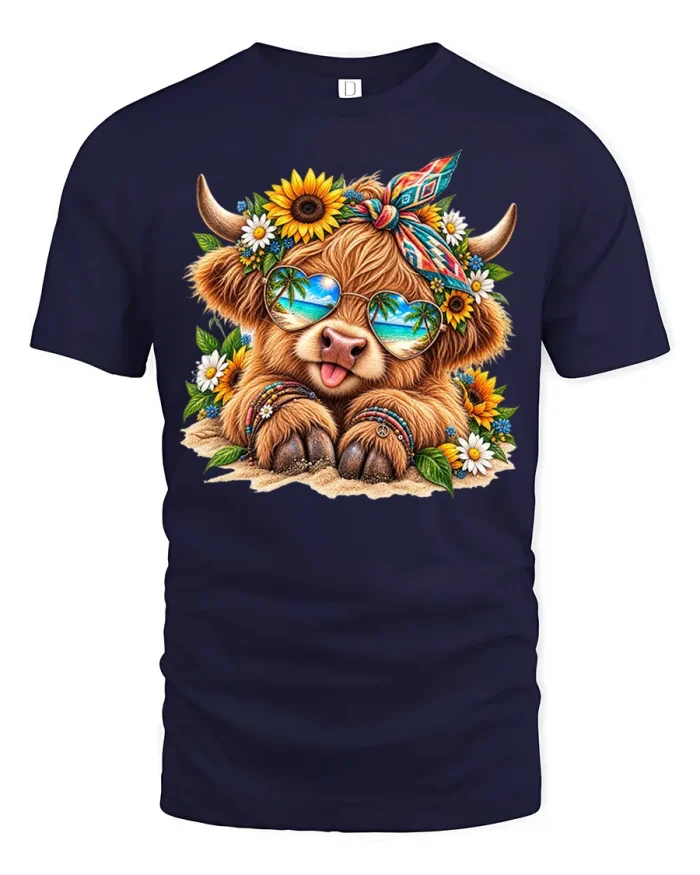 Cute Highland Cow Beach Sunglasses Floral Soft Cotton Tee - navy t-shirt on white background