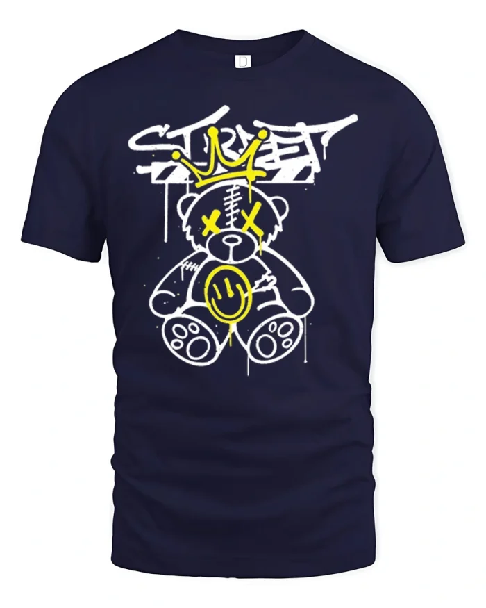 Graffiti Teddy Bear Streetwear Graphic Soft Cotton T Shirt - navy t-shirt on white background