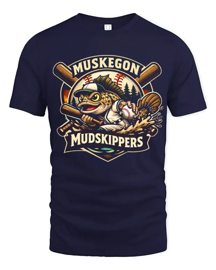 Muskegon Mudskippers Baseball Mascot Graphic Cotton Tee - navy t-shirt on white background