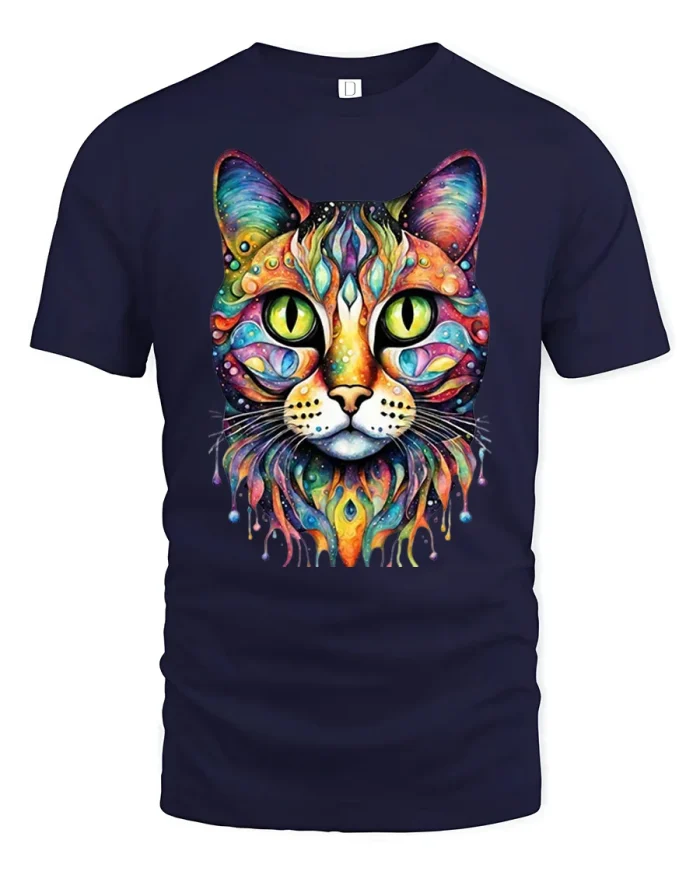 Psychedelic Rainbow Cat Head Art Graphic Soft Cotton Tee - navy t-shirt on white background