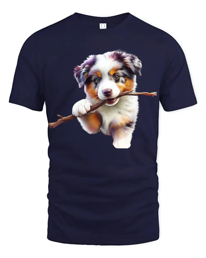Cute Australian Shepherd Puppy With Stick Soft Cotton Tee - navy t-shirt on white background