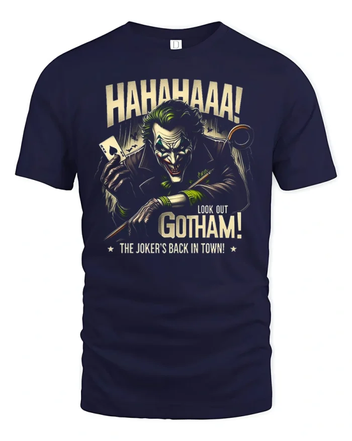 Joker Look Out Gotham Laughing Villain Soft Cotton T Shirt - navy t-shirt on white background
