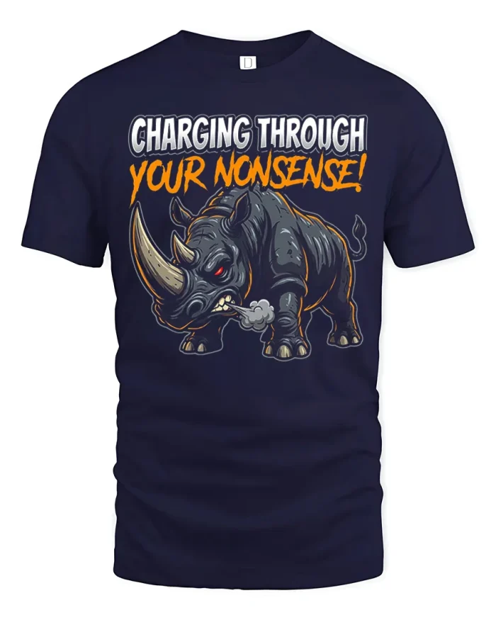 Charging Through Your Nonsense Rhino Graphic Cotton T Shirt - navy t-shirt on white background
