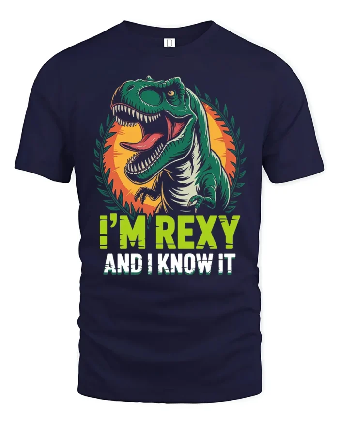 Funny Im Rexy And I Know It T Rex Graphic Soft Cotton Tee - navy t-shirt on white background