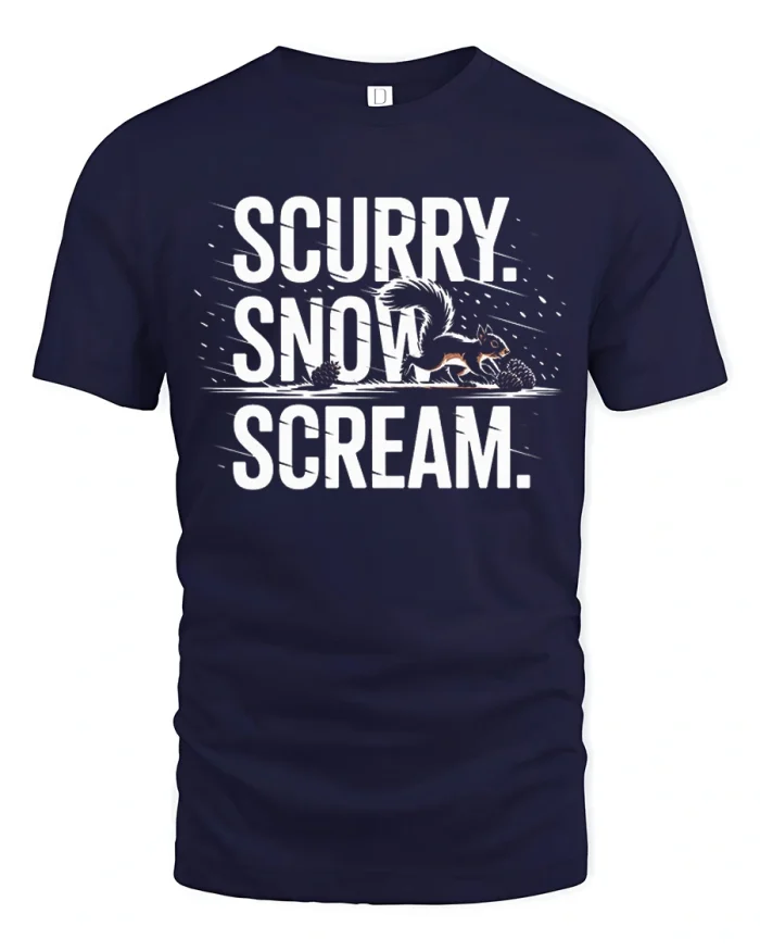 Scurry Snow Scream Funny Winter Squirrel Soft Cotton Tee - navy t-shirt on white background