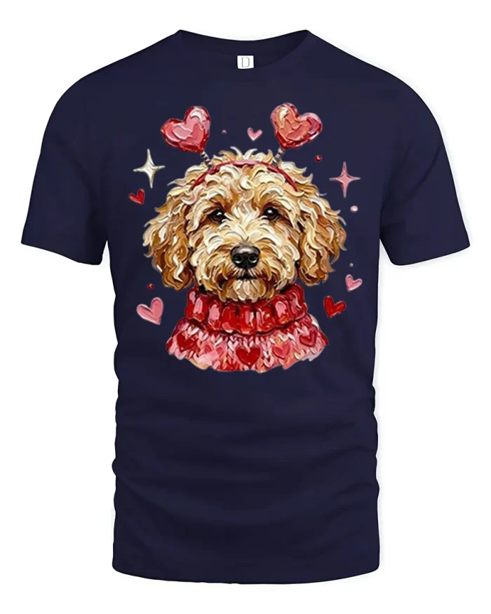 Cute Goldendoodle Valentines Day Heart Headband Cotton Tee - navy t-shirt on white background