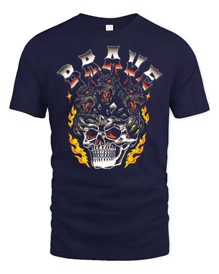 Brave Cerberus Skull Fire Graphic Streetwear Cotton Tee - navy t-shirt on white background