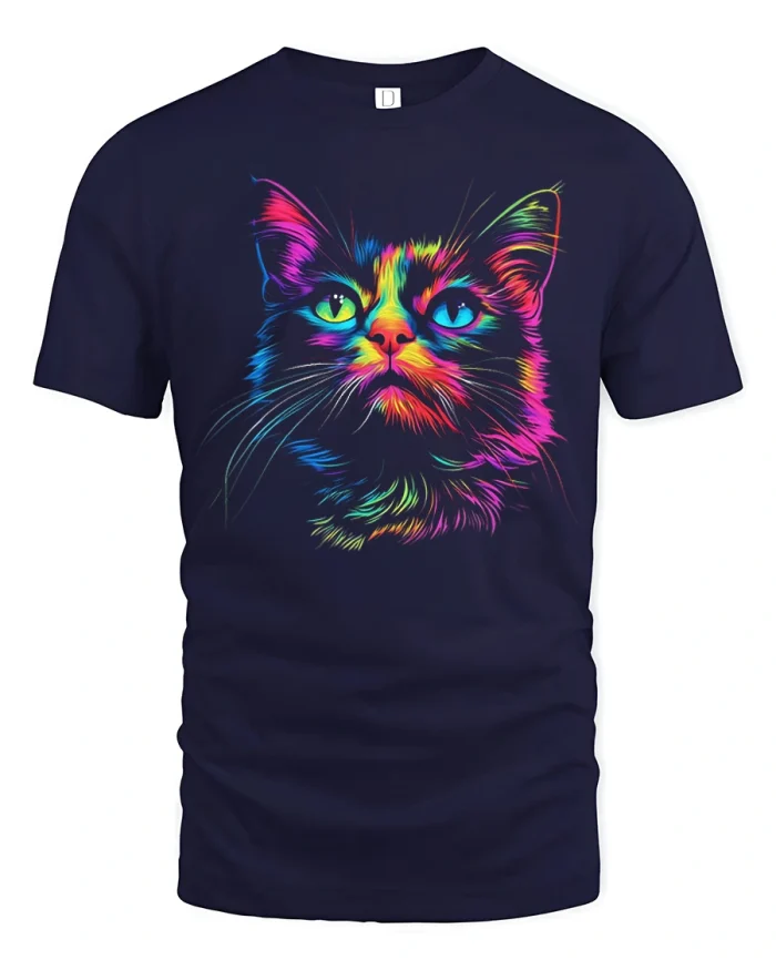 Neon Rainbow Cat Head Colorful Graphic Soft Cotton T Shirt - navy t-shirt on white background