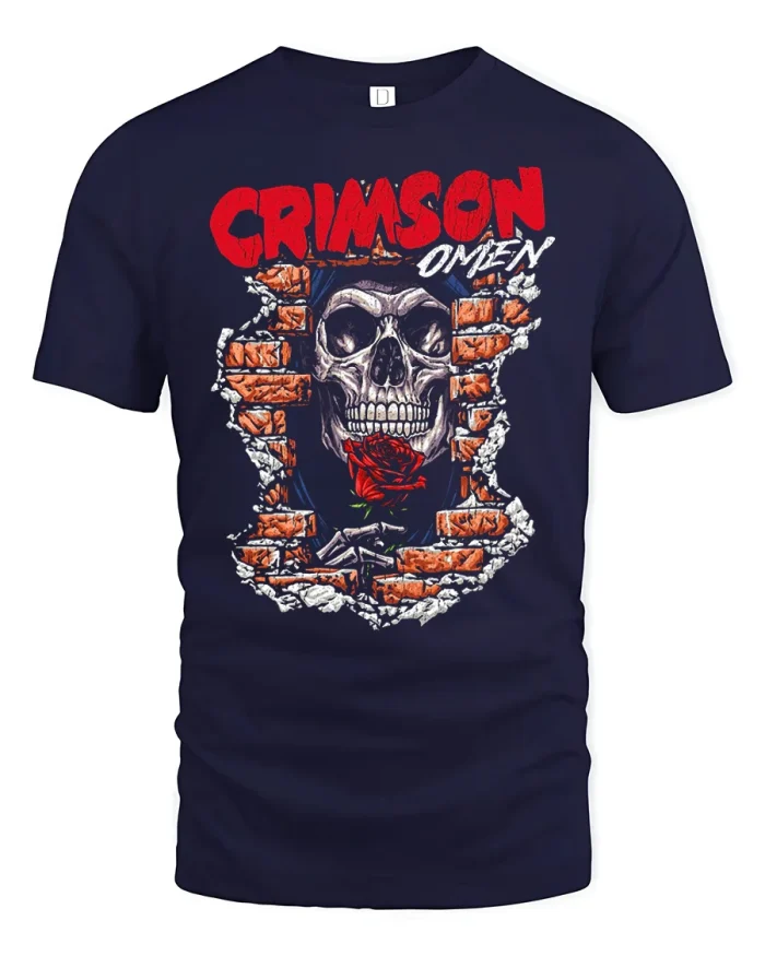 Crimson Omen Skull Rose Brick Wall Graphic Cotton T Shirt - navy t-shirt on white background