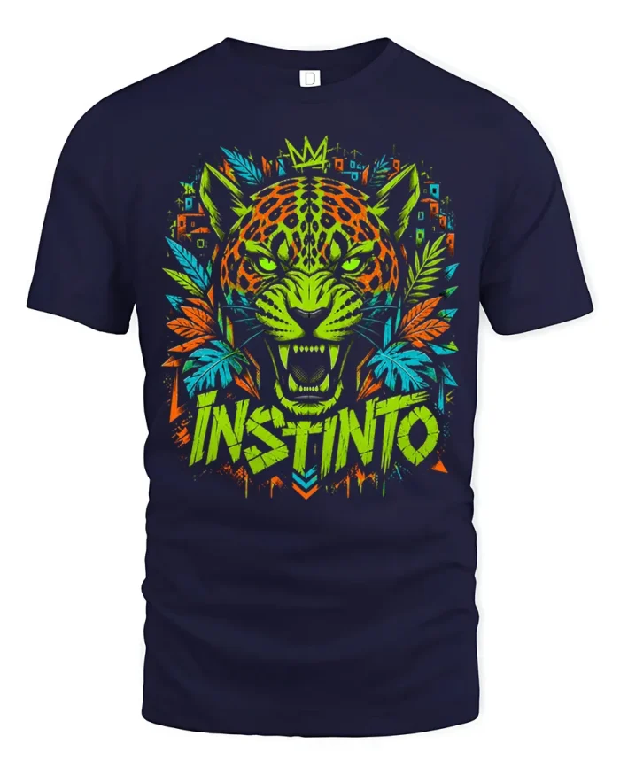 Instinto Neon Jaguar Jungle Streetwear Graphic Cotton Tee - navy t-shirt on white background