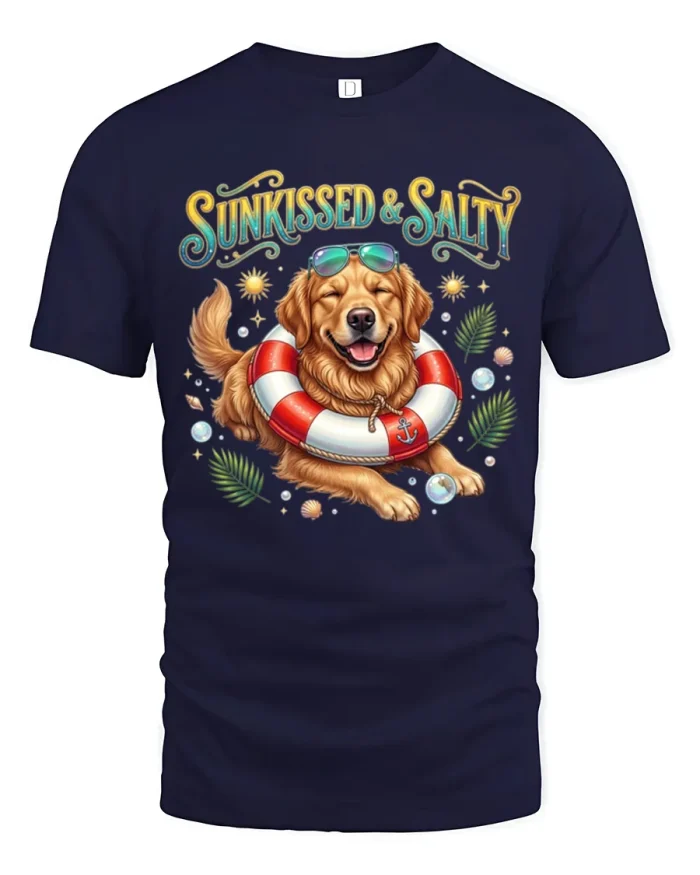 Sunkissed And Salty Golden Retriever Graphic Cotton T Shirt - navy t-shirt on white background
