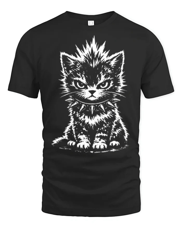 Edgy Spiked Collar Punk Rock Kitten Graphic T-Shirt - black t-shirt on white background