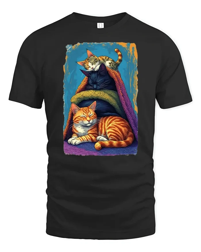 Colorful Geometric Polygon Cat Graphic T-Shirt - black t-shirt on white background