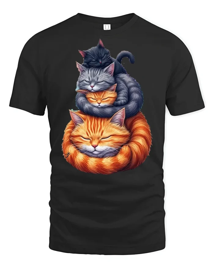 Cute Sleeping Stacked Cats Cuddling Animal T-Shirt - black t-shirt on white background