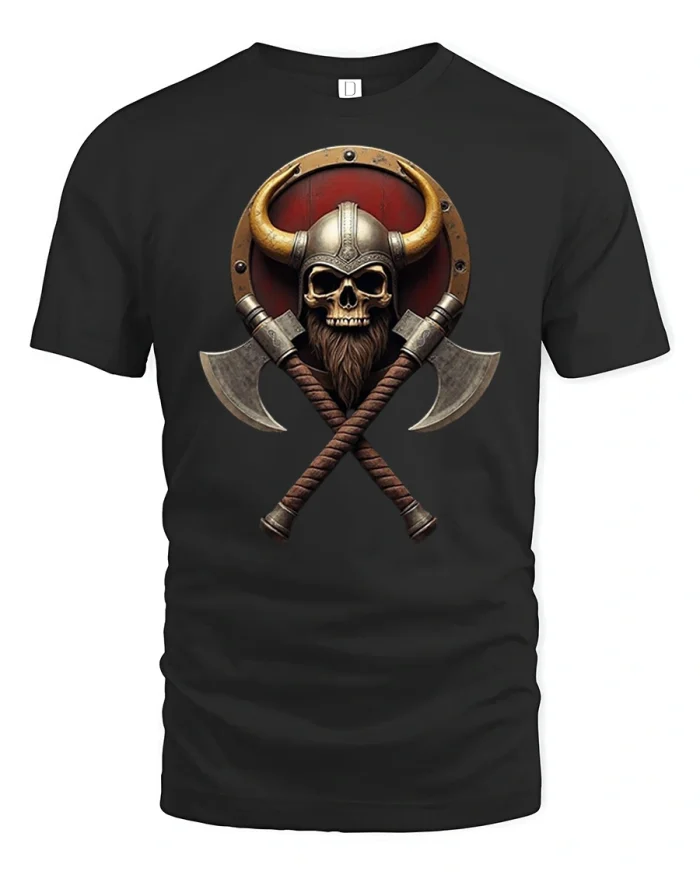 Fierce Viking Skull Axes Shield Graphic T-Shirt - black t-shirt on white background